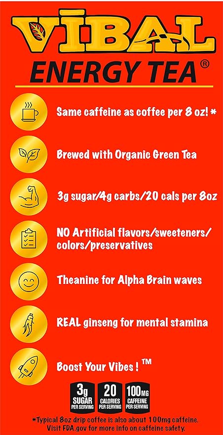 VIBAL ENERGY TEA Pomegranate 16 Fl Oz 6-Pack Natural Energy High Caffeine Ginseng Theanine Low Sugar Low Carb Low Calorie Adaptogens Nootropics