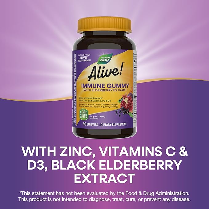 Nature's Way Alive! Immune Support* Gummies with Elderberry Extract Vitamins C &amp D3 Zinc No Gluten Grape &amp Cherry Flavored 90 Vegetarian Gummies (Packaging May Vary)
