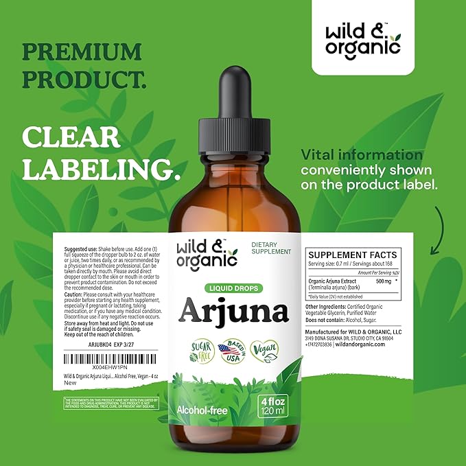 Wild &amp Organic Arjuna Bark Extract Drops - Antioxidant Support - Terminalia Arjuna Extract Supplement - Add to Tea &amp Mix with Powder - No Sugar &amp Alcohol Non-GMO Vegan - 4 fl oz