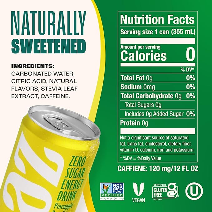 Zevia Zero Sugar Energy DrinkPineapple Paradise12 oz Cans – Naturally SweetenedNon-GMO Project VerifiedGluten-FreeVegan(Pack of 24)