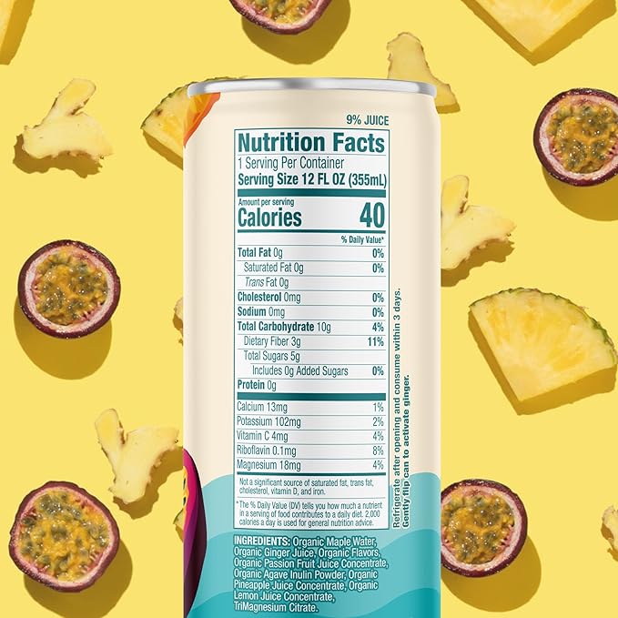 Recoup Organic Sparkling Prebiotic Drink - Ginger with Electrolytes for Gut Health Support &amp Hydration No Added Sugar ((Pack of 12) Pineapple Passion Fruit + Ginger)