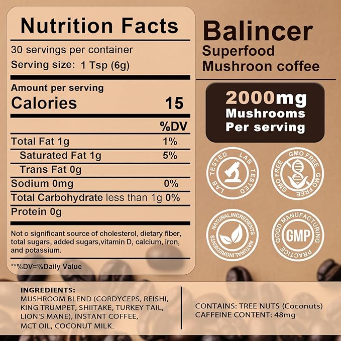 Mushroom Coffee 6 Adaptogenic Mushrooms (Lion's Mane Cordyceps Turkey Tail &amp Other) Mixed with Premium Instant Coffee for Focus Energy Immune and Gut Health Support 60 Servings
