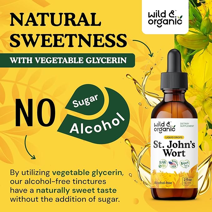 Wild &amp Organic St Johns Wort Tincture - Mood Support - Relaxing St. John's Wort Supplement - Liquid Hypericum Perforatum Herb Drops - Vegan Sugar &amp Alcohol-Free - 2 fl oz