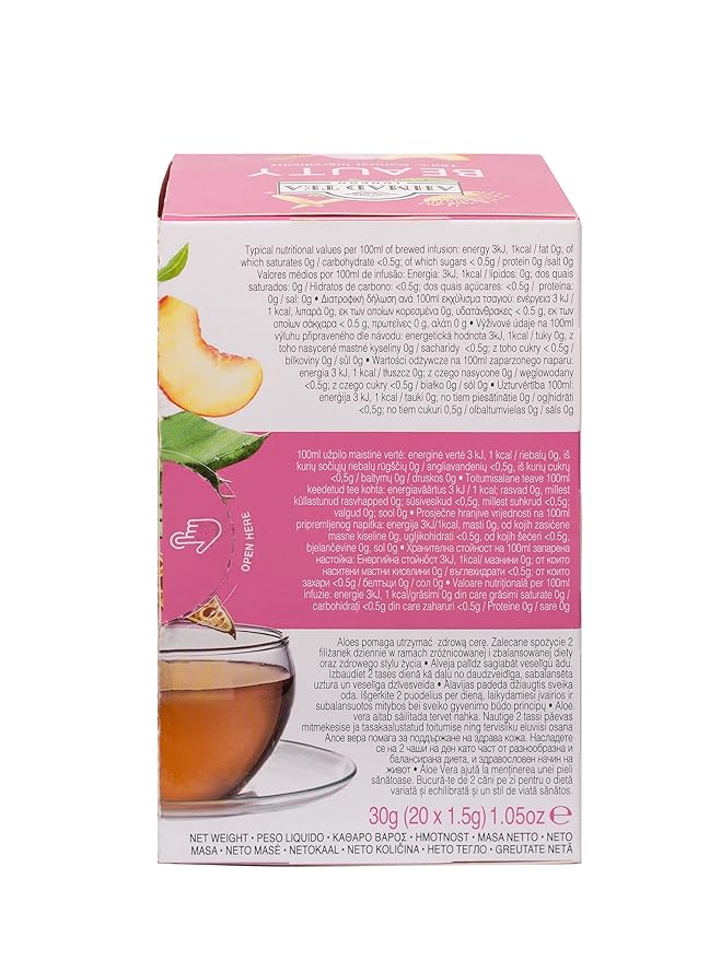 Ahmad Tea Herbal Tea Peach Carob and Rose Petals 'Beauty' Natural Benefits Teabags 20 ct (Pack of 6) - Decaffeinated &amp Sugar-Free