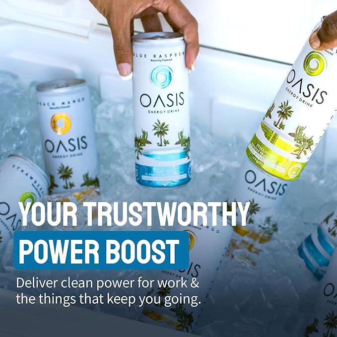 Oasis Energy Drink - Blue Raspberry (12-Pack) Smooth Clean Energy with Focus-Boosting Nootropics Zero Sugar Low-Calorie Vegan Gluten-Free Juicy Fruity Flavor Perfect for Work &amp Daily Workout