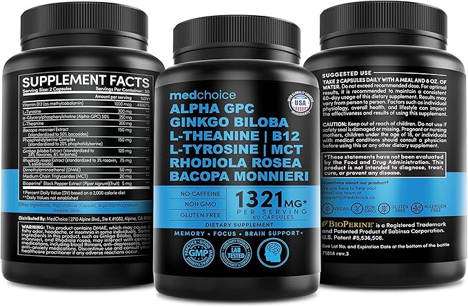 12-in-1 Nootropic Brain Supplement Anhydrous: Ginkgo Biloba for Brain Support Memory and Focus - B12 Alpha GPC L Theanine and Choline Supplements with Bioperine Non Caffeinated 1321mg (60ct)