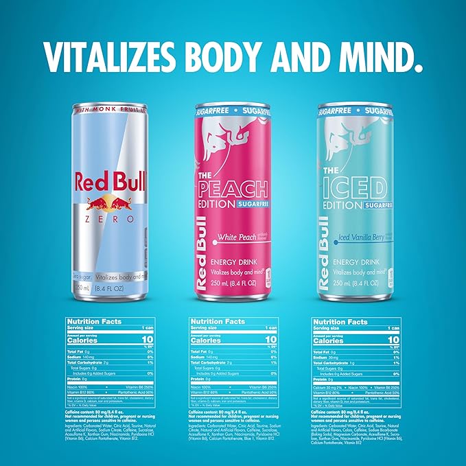 Red Bull Zero Sugar Variety Pack Zero Energy Drink Iced Vanilla Berry &amp White Peach 8.4 Fl Oz 12 Cans (2 Packs of 12)