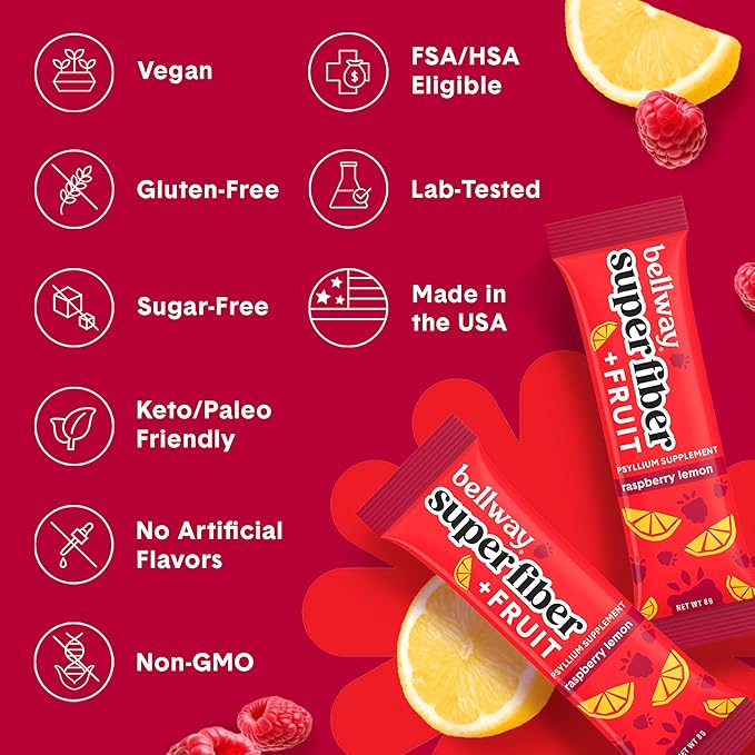 Bellway Super Fiber Packets + Fruit Sugar Free Organic Psyllium Husk Powder Fiber Supplement to Go for Regularity Bloating Relief &amp Digestive Health Plant-Based Raspberry Lemon (20 Packets)