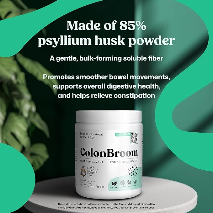 ColonBroom Psyllium Husk Powder with Stevia (Tropical Fruits) - Colon Cleanse for Bloating Relief &amp Gut Health - Colon Broom Fiber Powder Drink - Vegan Fiber Powder Stevia Supplement 50 Servings
