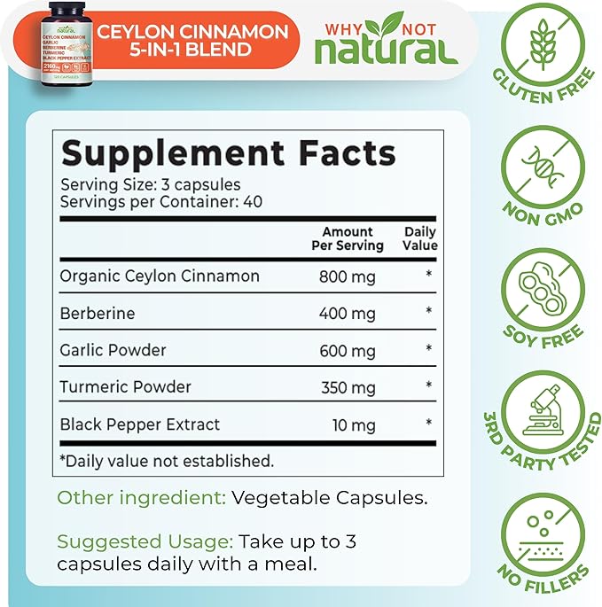 5-in-1 Organic Ceylon Cinnamon Capsules with Berberine Garlic Turmeric Black Pepper Extract Pills