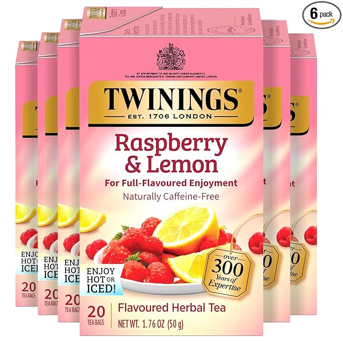 Twinings Raspberry &amp Lemon Herbal Tea Individually Wrapped Bags 20 Count (Pack of 6) Fruity &amp Zesty Naturally Caffeine-Free Enjoy Hot or Iced 120 Teabags