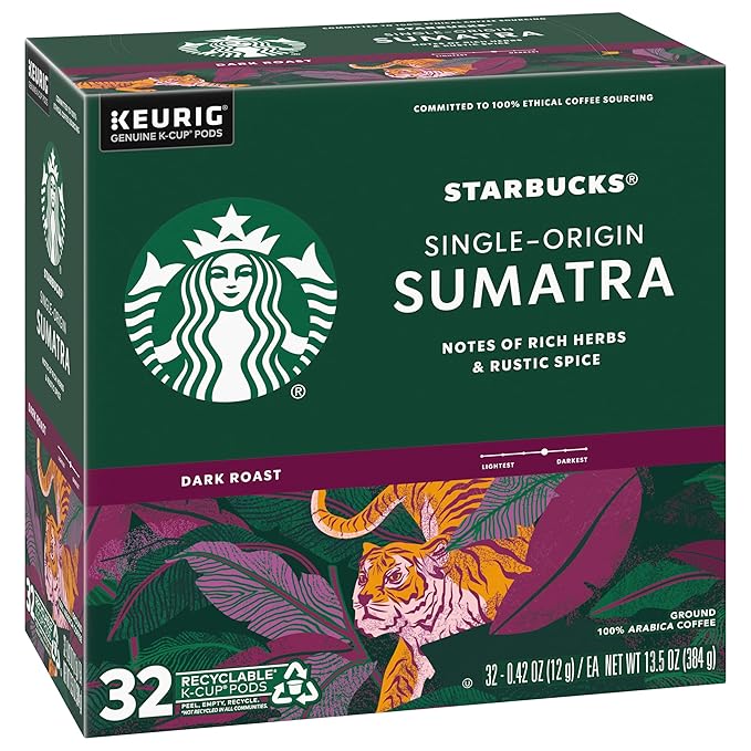 Starbucks Coffee K-Cup Pods Sumatra Single-Origin Coffee Dark Roast Ground Coffee Keurig Genuine K-Cup Pods 32 Count (Pack of 4)