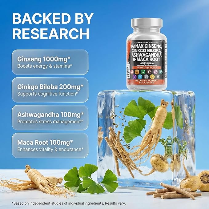 Clean Nutraceuticals Panax Ginseng Ginkgo Biloba Ashwagandha Maca Root - Focus Supplement Pills for Women and Men with Pine Bark Extract Garlic and Saw Palmetto - 60 Caps