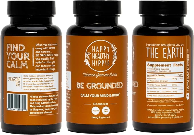Happy Healthy Hippie Be Grounded Stress Relief Supplement – Lavender Pills | Promotes Calmness &amp Relaxation | Quick Acting | Magnesium Glycinate 100mg L Theanine Lemon Balm Leaf | Herbal 60 Ct