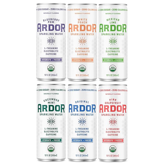 Ardor Organic Sparkling Water Variety Pack 12 oz can (12 pack) 6 flavor variety - Mexican Lime/Pink Grapefruit/White Peach/Blueberry Pom/Cucumber Mint/Original