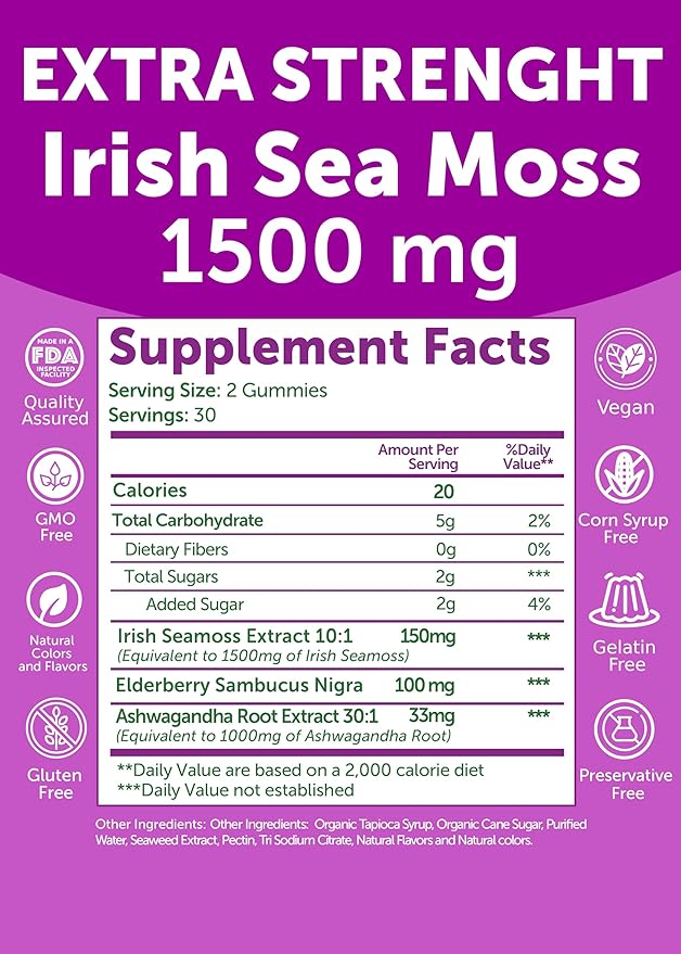 Lunakai USA Made Irish Sea Moss Gummies with Ashwagandha &amp Elderberry – Delicious Daily Immune &amp Stress Support Supplement for Men &amp Women 60ct