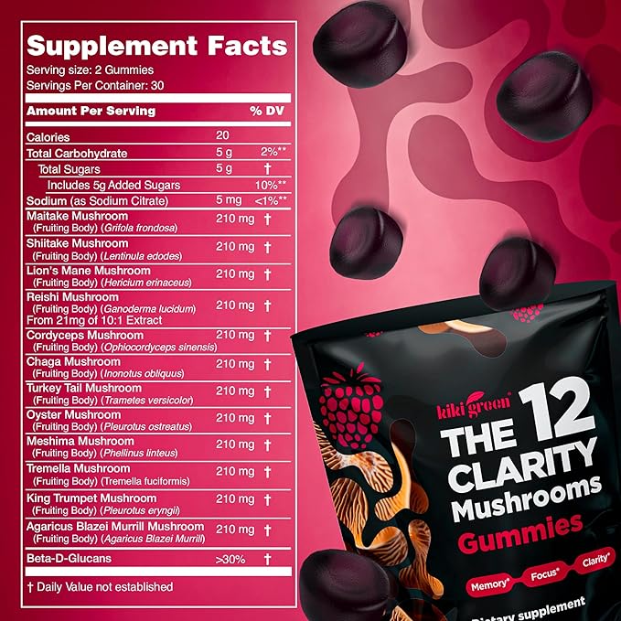 KIKI Green 12 Mushroom Supplement Gummies - Lion's Mane Cordyceps Chaga Reishi Turkey Tail &amp 7 More for Memory Focus Immunity - 60 Mushroom Gummies for Adults with Raspberry Flavor 10:1 Extr