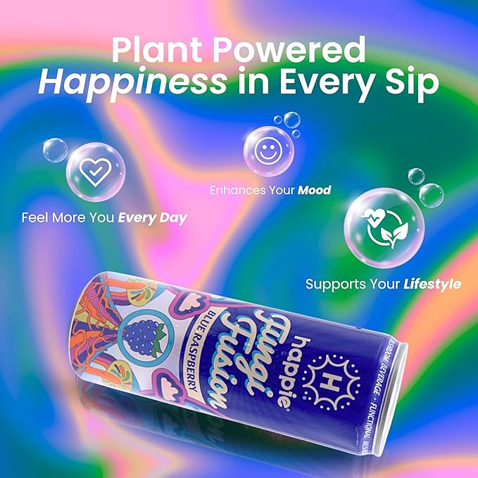Happie Fungi Fusion Blue Raspberry – Sparkling Adaptogen Drink with Lion’s Mane Cordyceps &amp Red Reishi – Plant-Based Nootropic 40 Calorie Agave Nectar Vegan Wellness Soda Alternative (12 pack)