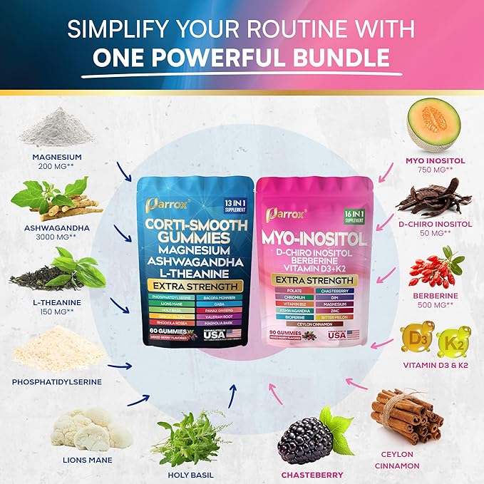 Soothe &amp Smooth Bundle Gummies - Cortisol &amp Myo-Inositol Supplement with D-Chiro Inositol Berberine Magenesium Ashwagandha L-Theanine Vitamins D3+K2 &amp B12 Folate Zinc Lion's Mane (1