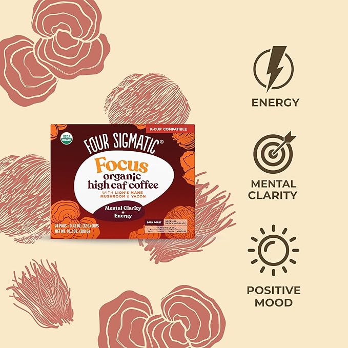 Four Sigmatic High Caffeine Mushroom Coffee K-Cups | Organic Dark Roast Coffee with Lion’s Mane &amp Chaga | Focus &amp Immune Support | Vegan &amp Keto | Sustainable Pods | 24 Count