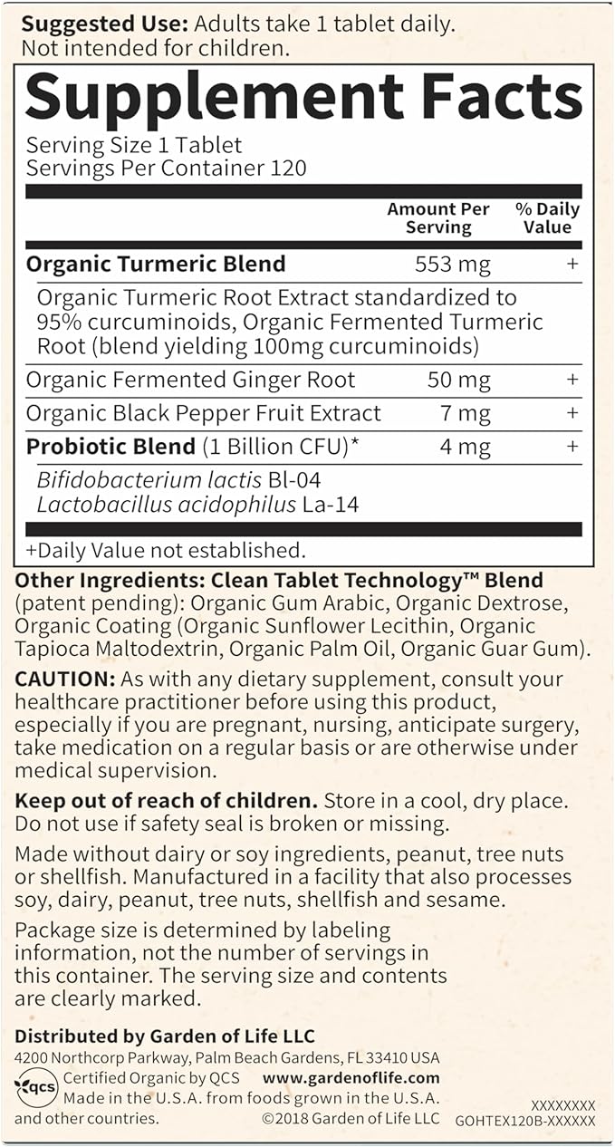 Garden of Life Organics Extra Strength Turmeric Inflammatory Response 120 Tablets-100Mg Curcumin (95% Curcuminoids) Black Pepper Probiotics Organic Non-GMO Vegan Gluten Free Herbal Supplement