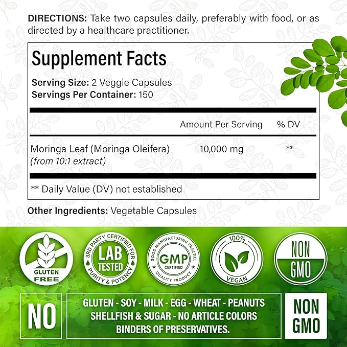 Moringa Capsules| 300 Capsules| Moringa Oleifera| 10000mg| 100% Pure &amp Natural| Non-GMO and Gluten Free Supplement | Complete Green Superfood | Moringa Leaf Extract Powder