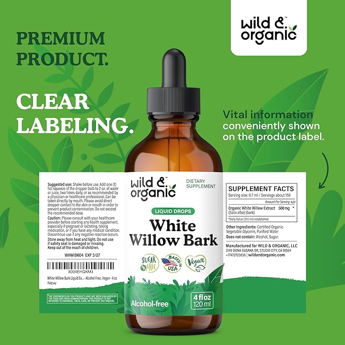 Wild &amp Organic White Willow Bark Tincture - Liquid Supplement for Overall Support - Alcohol &amp Sugar-Free White Willow Extract Drops - Salix Alba Bark - Vegan No Additives - 4 fl oz