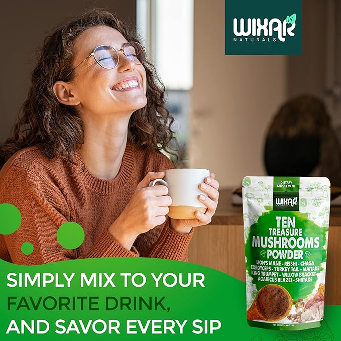 Wixar Mushroom Powder - Ten Treasure Mushrooms Extract Supplement Blend for Coffee &amp Smoothies - Lions Mane Turkey Tail Reishi Chaga Shiitake Cordyceps Complex - 4oz Mushroom Supplement