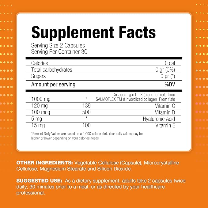 VITASEI Salmoflex Marine Collagen Peptides with Hyaluronic Acid and Vitamin C D E - Salmon Collagen Supplement for Bone and Joint - Hair Skin and Nails Vitamins - 60 Capsules (Pack of 3)