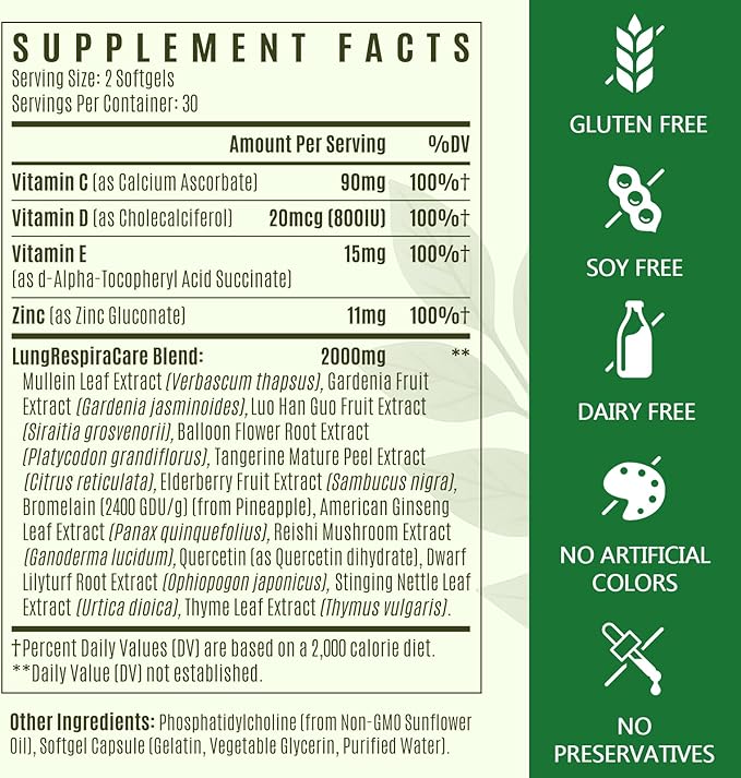 Liposomal Lung Cleansemax Supplement with Mullein Leaf Extract Elderberry Fruit Extract Quercetin + 13 Herbs &amp Vitamins Enhanced Absorption Refreshing Breathing Experience 60 Capsules