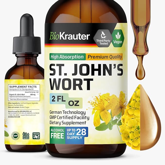 BIO KRAUTER® St Johns Wort for Calm &amp Mood Support - Vegan St. John's Wort for Relaxation &amp Emotional Wellness Support - Calm Drops 2 Fl.Oz. 28-Day Supply Alcohol &amp Sugar Free Herbal Sup