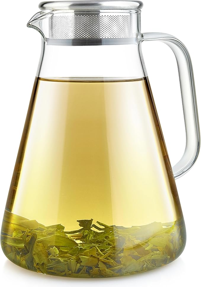 Teabloom One-Touch Tea Maker 2-in-1 Teapot and Kettle with Stainless Steel Filter Lid for Loose Tea – Stain-free Borosilicate Glass Teapot (56 Oz) – Tea Connoisseur's Choice
