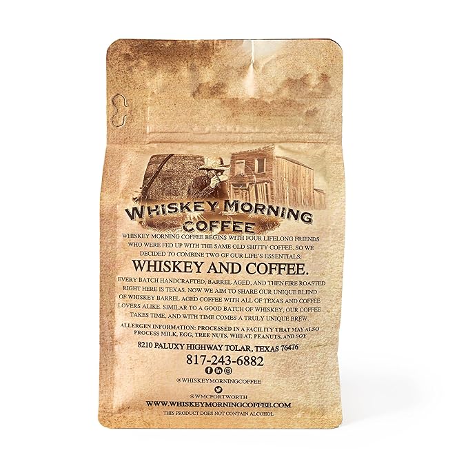 Whiskey Morning Coffee Bourbon Barrel Aged Ground Coffee Fire Roasted Ground Coffee 100% Specialty Grade Arabica Non Alcoholic Natural Whiskey Infused Coffee Small Batch Texas Roasted 10 oz Bag