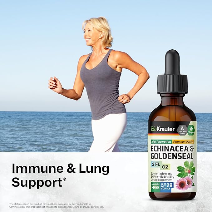BIO KRAUTER® Echinacea Goldenseal for Immune &amp Respiratory Support - Pure Vegan Echinacea Drops with Goldenseal - Natural Respiratory Supplements 2 Fl.Oz 28-Day Supply - Alcohol &amp Sugar Free