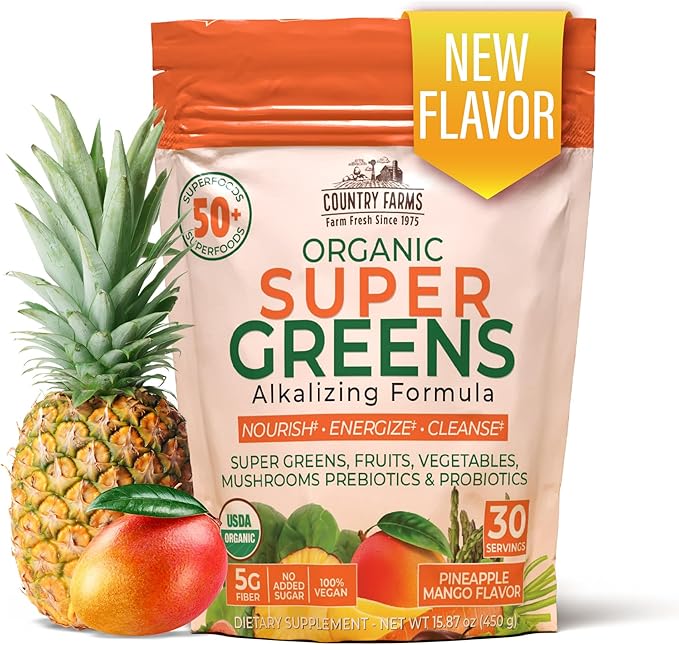 Country Farms Super Greens Pineapple-Mango Flavor 50 Organic Super Foods USDA Organic Drink Mix (Wheat Grass Spirulina Chlorella) Mushrooms &amp Probiotics with Fiber Natural Energy 30 Serving