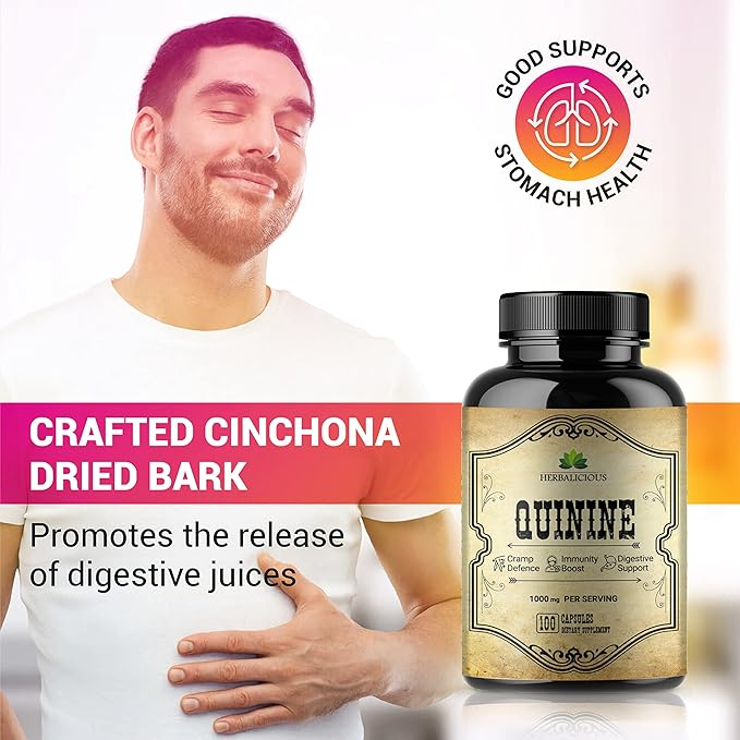 HERBALICIOUS Quinine Capsules - Cinchona Officinalis Bark Herbal Supplement for Muscle Cramp Defense and Overall Digestive Health - All-Natural Quinine Sulfate Pills 500mg per Capsule 100 Tablets