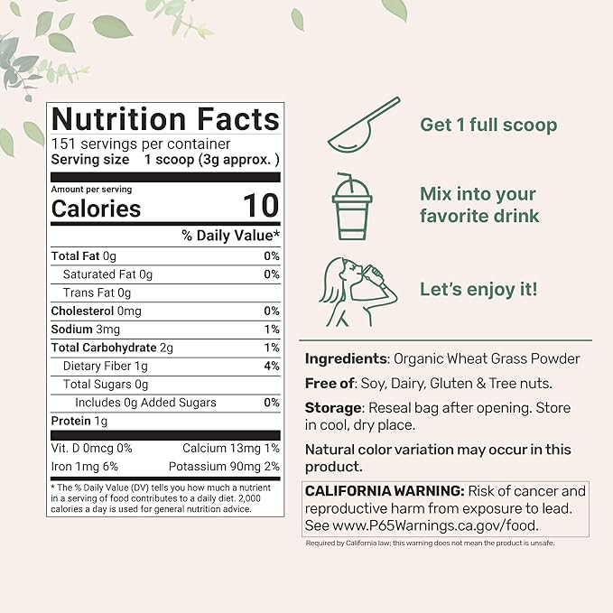 Sustainably US Grown Organic Wheat Grass Powder (100% Whole-Leaf) 16 Ounce  Rich in Immune Vitamins Fibers and Minerals Support Digestion Function Vegan Friendly