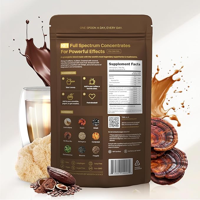 Cacao Mushroom Coffee Superfood Blend 10X Concentrated Extract with Lion's Mane Reishi &amp Cordyceps Energy &amp Focus Support 30 Servings Premium Supplement Powder