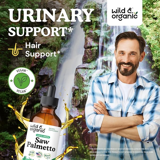 Wild &amp Organic Saw Palmetto for Men &amp Women - Urinary Tract &amp Hair Support - Saw Palmetto Extract Liquid Drops - Add to Tea - Serenoa Repens Berries Supplement - Vegan Sugar &amp Alcohol