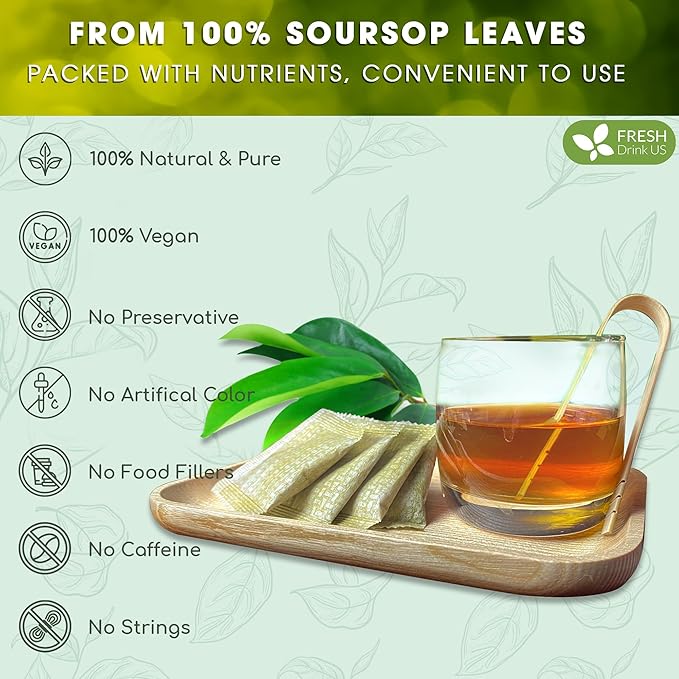FreshDrinkUS Premium 90 Soursop Graviola Leaf Tea Bags 100% Natural and Pure from Soursop Leaves Handmade Made With Natural Materials-Corn Fiber Tea Bag Sugar/ Caffeine/ Gluten Free Hoja Guanaba