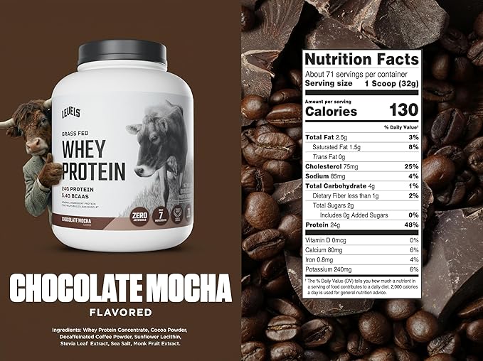 Levels Grass Fed Whey Protein Powder No Artificials 24G of Protein Chocolate Mocha 5LB