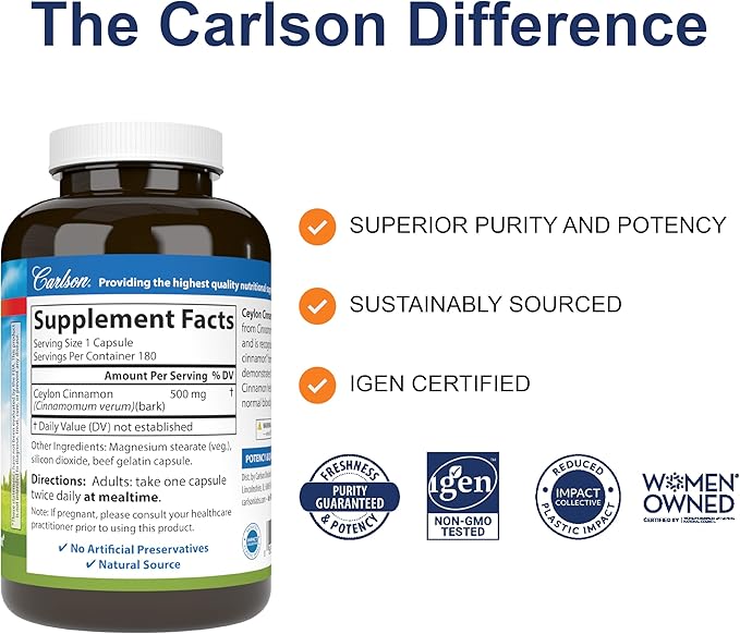 Carlson - Ceylon Cinnamon Cinnamon Supplements 500 mg Cinnamon Extract Pills Ceylon Cinnamon Capsules 180 capsules