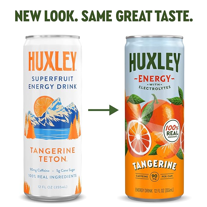 Huxley Superfruit Energy Drink Tangerine 90mg Natural Caffeine Electrolytes for Hydration 100% Real Ingredients 5g Organic Cane Sugar No Artificial Sweeteners or Flavors L-theanine for Sustaine