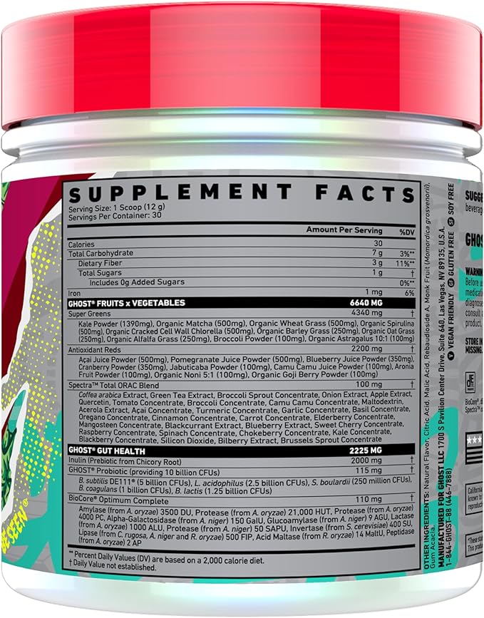 GHOST Greens Superfood Powder Cranberry- 30 Servings - 19 Super Greens &amp Reds Fruits Vegetables Spirulina &amp Chlorella Prebiotics 10 Billion CFU Probiotic &amp Digestive Enzymes - Soy-F