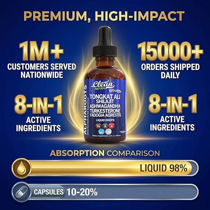 Tongkat Ali Liquid Drops Shilajit Ashwagandha Turkesterone Fadogia Agrestis Magnesium Irish Sea Moss and Zinc Herbal Supplement by Clean Nutra