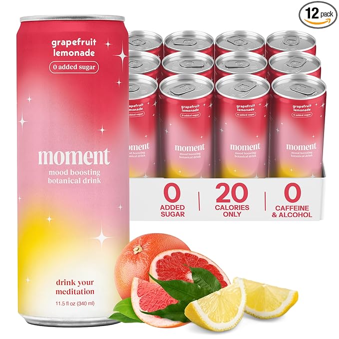 Moment Botanical Soda Soft Drink (Shark Tank) - SPARKLING Non Alcoholic Drinks | L-Theanine &amp Ashwagandha for Calm &amp Clarity | 0 Added Sugar 0 Caffeine | Grapefruit Lemonade |12-pack