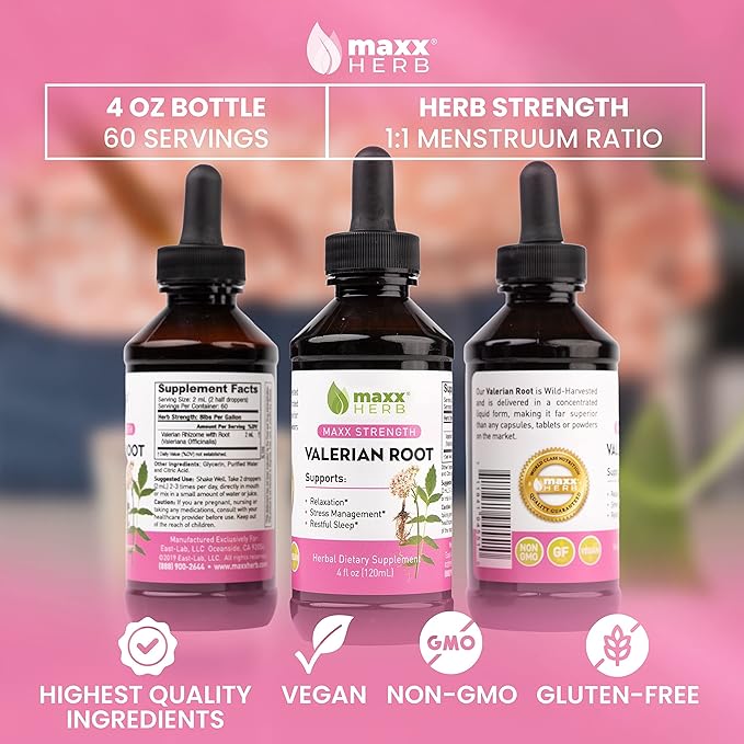 Maxx Herb Valerian Root Extract - Max Strength Liquid Valerian Root Absorbs Better Than Capsules for Relaxation and Restful Sleep Alcohol-Free - 4 Oz Bottle (60 Servings)