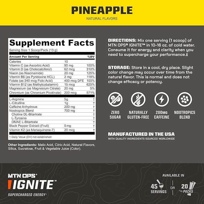 MTN OPS Ignite Trail Packs Energy Drink Powder Gluten Free Nootropic Supplement Drink Mix L Arginine L Citrulline Caffeine &amp Nootropic Sugar Free Drink Mix 20 Servings Pineapple Crush