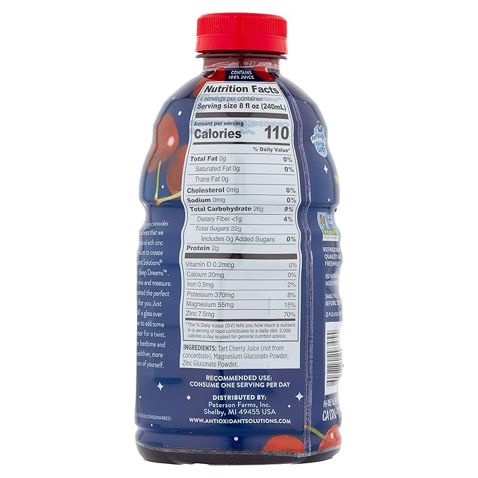 Antioxidant Solutions Sleep Dreams - 100% Tart Cherry Juice with Zinc &amp Magnesium - No Added Sugar - 32 fl oz Bottles (6-Pack)