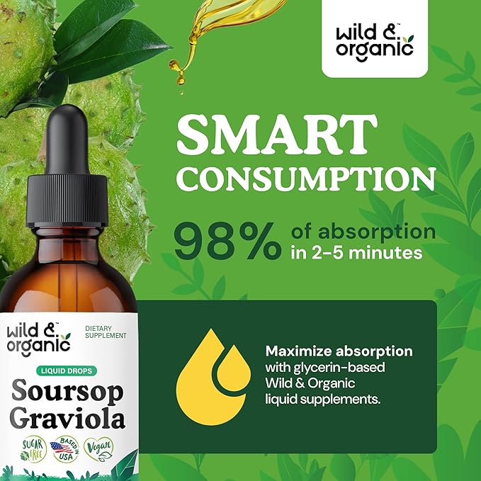 Wild &amp Organic Soursop Graviola Liquid Drops - Antioxidant &amp Digestive Support - Alcohol-Free Soursop Extract - Sugar-Free Guanabana Leaves Tincture - Vegan Graviola Leaf Extract Supplement -